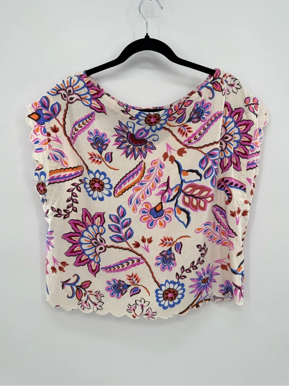 Ellen Tracy Mixed Botanical Floral Linen Blend Scalloped Boxy Top Large coastal - Picture 3 of 8